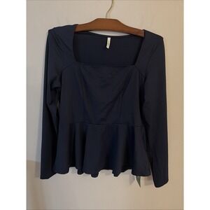 NWT HALARA Square Neck Long Sleeve Ruffle Hem Work Top Blue Size Large